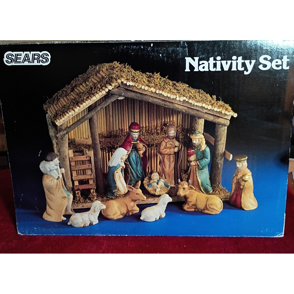Vintage Sears Nativity Set 32 97889 Wood Stable 11 Porcelain Figures Christmas